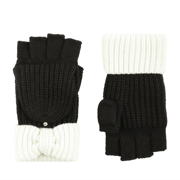 Kate Spade New York Bow Cuff Pop-Top Gloves Blk/Cream Wool Blend  BNWT SO - Picture 1 of 14